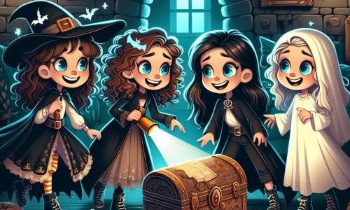 Dans une vieille maison mystérieuse, quatre filles de onze ans se tiennent ensemble, éclairées par leurs lampes torches. Zoé, en costume de sorcière, sourit en tenant un vieux plan. À sa droite, Léa, déguisée en vampire, observe avec curiosité et peur. Camille, en fantôme, frissonne, tandis que Jade, en citrouille souriante, pointe un coffre ancien au centre de la pièce. La pièce est sombre, avec des murs en pierre, des toiles d'araignées et des meubles poussiéreux. Une horloge ancienne et des portraits de famille ajoutent à l'atmosphère magique et inquiétante. Les filles viennent de découvrir un coffre mystérieux et s'apprêtent à l'ouvrir, leurs cœurs battant d'excitation et d'appréhension.