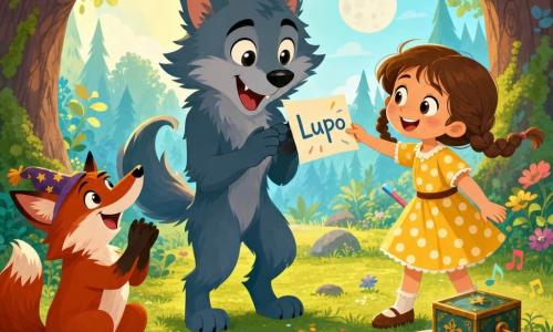 Un loup-garou tendre et souriant, poils gris-bleu, grandes oreilles pointues et queue frisée, tient une feuille où est écrit 