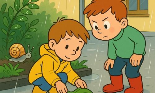 Trois personnages : Malo, garçon d'environ 7 ans, accroupi en veste imperméable jaune et pantalon bleu, tient une grande feuille humide pour guider doucement un petit ver vers la terre du jardin ; Noé, du même âge, debout en pull vert clair et bottes rouges, penché et observant avec sérieux ; un escargot à coquille beige rayée est sur une touffe d'herbe en arrière-plan, laissant une trace brillante. La scène se passe dans une cour d'école après l'averse : sol et flaques miroitants, bordure de jardin sombre et humide, buissons vernissés et bâtiment scolaire pâle ; l'atmosphère est calme et attentive, l'air sent la terre humide et des gouttes pendent aux feuilles.