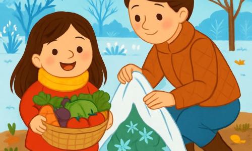 Une petite fille de 6 ans, Mila, sourit en tenant un panier de légumes colorés. Elle porte un manteau rouge, une écharpe jaune et des bottes en caoutchouc. À ses côtés, sa maman, environ 30 ans, couvre une plante avec un voile blanc, concentrée. Le jardin hivernal est enchanteur, avec des fleurs gelées, des arbres nus et un ciel bleu clair. Mila et sa maman préparent le jardin pour l’hiver, entourées de feuilles dorées et de légumes frais, créant une atmosphère chaleureuse.