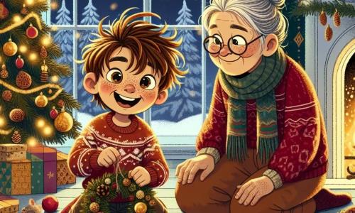 Léo, un petit garçon de 4 ans aux cheveux châtains en bataille et aux joues roses, est assis par terre, entouré de pommes de pin et d'étoiles dorées, rayonnant de joie en assemblant une couronne de Noël. Sa grand-mère, une femme douce d'environ 70 ans avec des cheveux gris en chignon et des lunettes rondes, admire son travail avec un sourire ému, vêtue d'un pull rouge festif et d'une écharpe en laine. La scène se déroule dans un salon chaleureux décoré pour Noël, avec un sapin scintillant et une cheminée crépitante, tandis que des flocons de neige tombent doucement à l'extérieur. Léo montre fièrement sa couronne à sa grand-mère, prêt à lui offrir ce cadeau fait main, symbole de son amour et de la magie de Noël.