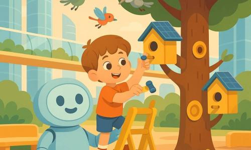 Un garçon de 4 ans aux cheveux châtain clair monte une petite échelle pour fixer un nichoir vert-jaune sous un sourire concentré, aidé par Ronda, un robot-assistant non humain, grand comme un coussin, carrosserie bleu pâle et écran rond affichant un sourire, qui tient l’échelle; trois petits oiseaux mécaniques colorés (vert, argenté, rouge) volent et se posent près des nichoirs; la scène se situe dans la place urbaine futuriste “Quartier Miel”, avec immeubles vitrés, un arbre robuste aux attaches dorées, bancs aux coins ronds, un jardin suspendu à passerelle transparente, fleurs changeant de couleur et mini-panneaux solaires en forme de chapeaux sur les nichoirs, le tout baigné d’une douce lumière de fin d’après-midi, ambiance calme et chaleureuse, couleurs pastel et composition simple et lisible pour les enfants.
