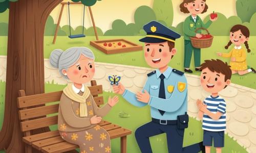 Un policier souriant en uniforme bleu clair accroupi tend une petite broche papillon, une dame âgée aux cheveux gris en chignon et robe à fleurs la reçoit émue sur un banc en bois, Timéo (8 ans) debout applaudit fièrement, Salma (7 ans) accroupie près des racines montre l’endroit où la broche a été trouvée, Madame Lila (gardienne de parc, tenue vert bouteille) offre une pomme en arrière-plan près d’un panier; le parc présente une allée pavée, pelouse verte, grands arbres aux feuilles découpées, balançoire et bac à sable stylisés, lumière douce de fin de journée, couleurs vives en couches, ombres stylisées et contours nets.