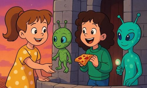 Quatre personnages au sommet d’un vieux clocher au coucher du soleil : Emma, 8 ans, queue de cheval châtain clair en robe jaune à pois, tend la main vers un petit extraterrestre ; Léa, 8 ans, cheveux bruns bouclés en jean et sweat vert, tient une part de pizza et rit à côté d’Emma ; Zok, petit extraterrestre masculin à peau verte mousseuse, grands yeux bleus et antennes, flotte près des filles en regardant la pizza ; Plim, extraterrestre féminin à peau vert turquoise tachetée et sourire curieux, tient un gadget lumineux près de Léa ; pierres grises du clocher, porte en bois rouge ouverte, toits en tuiles orange et ciel crépusculaire rose-violet avec quelques étoiles, ambiance chaleureuse, magique et sûre, style graphique net aux couleurs saturées et contours arrondis rappelant les dessins animés des années 90.