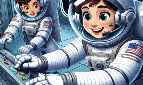 Jean-Luc Moreau, un astronaute, flotte dans l'espace en combinaison spatiale blanche, son casque transparent révélant son visage souriant. Il effectue des réparations sur un panneau de contrôle de la station spatiale, ses yeux brillants de curiosité. À ses côtés, Maria, une collègue aux cheveux bruns en queue de cheval, surveille les niveaux d'énergie sur un écran, concentrée dans sa combinaison aux accents bleus. L'intérieur de la station spatiale Odyssey présente des murs métalliques argentés et des lumières clignotantes, avec des fenêtres offrant une vue sur la Terre. Jean-Luc et Maria travaillent ensemble pour réparer un générateur défectueux, illustrant l'esprit d'équipe et l'aventure spatiale.