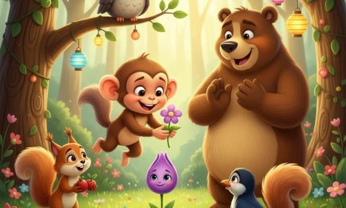 Un petit singe malicieux au pelage brun clair et grands yeux brillants saute sur une branche en tenant délicatement une petite fleur violette anthropomorphisée au visage timide, posée sur une feuille ; un grand ours brun foncé, ému, applaudit en retrait, un vieux hibou gris perché au-dessus observe avec fierté, tandis qu’un écureuil roux et une pie apportent des fruits et admirent la fleur ; la scène se déroule dans une clairière ensoleillée d’une forêt enchantée avec herbe verte, fleurs multicolores, grands arbres et rayons de soleil, guirlandes de feuilles et lanternes suspendues, ambiance festive et chaleureuse, palette vive, ombres nettes et contours marqués (cel-shading), textures douces, composition centrée sur le singe et la fleur avec légère profondeur de champ et contre-plongée pour magnifier la scène.