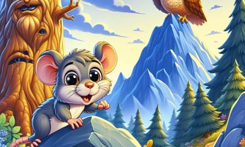 Un petit rat nommé Gustave, avec une fourrure grise et des yeux brillants, se tient sur une pierre au sommet d'une montagne bleue. Son expression est déterminée et joyeuse. À côté de lui, un vieux hibou aux plumes brunes et dorées, avec des yeux sages, le regarde avec fierté. Le décor est une montagne majestueuse, enveloppée de brume, avec des arbres géants et des fleurs colorées. La scène est éclairée par une douce lumière dorée du soleil couchant. Gustave vient de découvrir le trésor du hibou, une collection de glands dorés, et se prépare à les ramener à la forêt, prêt à prouver qu'un petit rat peut accomplir de grandes choses.