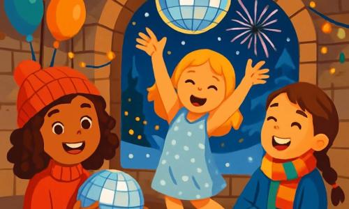 Trois personnages sont présents : Zoé, une fille de 10 ans avec des cheveux bouclés et bruns, souriante avec une boule disco ; Lucie, 9 ans, avec des cheveux blonds, dansant en robe à paillettes argentées ; et Mia, 10 ans, avec des cheveux châtains en tresse, assise sur un coussin, riant avec ses amies. L'action se déroule dans un vieux moulin en pierre décoré pour une fête, avec des guirlandes scintillantes et une boule disco. À l'extérieur, la neige et des feux d'artifice illuminent le ciel. Les amies célèbrent le Nouvel An joyeusement entourées de leurs familles et amis.
