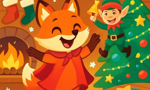Lila, la petite renarde au pelage roux et aux yeux malicieux, danse joyeusement avec un grand sourire, portant une cape rouge vif, entourée de flocons de neige. À ses côtés, le Lutin Farceur, vêtu de vert et de rouge avec un chapeau pointu, rit en agitant une clochette dorée depuis une branche basse. Le décor est une maison en bois chaleureuse, ornée de guirlandes scintillantes et d'un sapin de Noël illuminé, avec des chaussettes en laine à la cheminée et des biscuits en forme d'étoiles sur la table. Lila danse avec enthousiasme, encouragée par le Lutin, créant une atmosphère festive et magique.