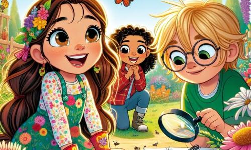 Léa, une fille de 12 ans aux longs cheveux bruns et aux yeux curieux, se tient au centre de l'image dans une robe colorée à motifs floraux et des gants de jardinage, souriant en observant une abeille sur une fleur. À sa droite, Thomas, son ami blond aux lunettes, dessine une coccinelle sur un carnet, concentré. À sa gauche, Emma, une fille de 11 ans aux cheveux bouclés et en t-shirt vert, examine une fourmi avec une loupe, émerveillée. Le jardin printanier est vibrant de couleurs avec des fleurs éclatantes, des arbres en fleurs et des papillons, sous un ciel bleu et ensoleillé. Léa et ses amis explorent le jardin, découvrant la beauté des insectes et des fleurs tout en partageant des rires.