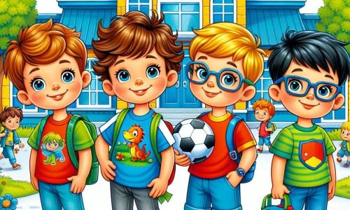Quatre garçons de 7 à 8 ans se tiennent devant leur école. Léo, aux cheveux bruns et bouclés, porte un t-shirt bleu avec un dinosaure et un sac à dos rouge. À sa droite, Max, blond et portant des lunettes, est en t-shirt vert et tient un ballon de football. À gauche, Tom, aux cheveux châtains, a un t-shirt rouge avec un super-héros et un sourire éclatant. Enfin, Sam, le plus petit avec des cheveux noirs et un t-shirt jaune, tient un petit gâteau en plastique et semble un peu timide mais heureux. L'école, un bâtiment coloré avec des murs jaunes et bleus, est entourée d'un jardin fleuri où des enfants jouent. Les quatre amis échangent des sourires et des rires, impatients de commencer leur première journée.