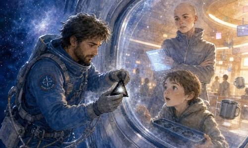 Malo, ingénieur spatial la trentaine avec une barbe de quelques jours, en combinaison spatiale bleue accroché au rail par une ligne de sécurité, tient une petite balise triangulaire noire qui pulse d’une lumière pâle; derrière la vitre du vaste hublot ovale de la station Hublot-Lys, Rina, cheffe des installations aux cheveux ras, bras croisés et tablette à la main, le regarde inquiète tandis que Nils, un garçon d’une douzaine d’années au gilet trop grand, le nez collé au verre tient un plateau aimanté; on distingue le cadre métallique argenté, rails et attaches, reflets d’étoiles, une fine vapeur d’air et une nébuleuse bleue en arrière-plan, silhouettes floues, tasses aimantées et rubans lumineux à l’intérieur; scène principale: une EVA délicate au crépuscule spatial — Malo décroche une balise coincée dans le joint du hublot pendant qu’une ombre lisse et sombre glisse discrètement en arrière-plan, composition dynamique contrastant la lumière froide de l’espace et les tons chauds de l’intérieur avec rehauts blancs sur les bords du verre et particules flottantes.