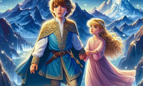 Le prince Selwyn, un garçon de 12 ans, se tient au sommet d'une montagne, ses cheveux châtain clair flottant au vent. Il porte une tunique bleue ornée d'or et regarde un lac d'argent scintillant avec détermination et émerveillement. À ses côtés, sa sœur Elara, 8 ans, aux cheveux dorés, tient sa main. Elle est vêtue d'une robe rose et observe la lumière magique au-dessus du lac. Le décor est impressionnant : la Montagne des Échos avec ses pentes escarpées et ses rochers scintillants sous la lune, tandis que des étoiles brillent dans le ciel nocturne. Selwyn et Elara, main dans la main, font face à une sorcière mystérieuse, devant la lumière perdue qui scintille au centre du lac.