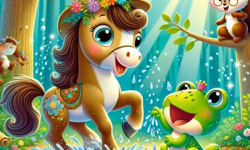 Un cheval nommé Polo, avec une crinière ondulante et un chapeau à fleurs, saute dans une flaque d'eau, éclaboussant autour de lui. À côté, Lila la grenouille saute sur une feuille, riant et faisant des ploufs. Mimi l'écureuil, avec sa fourrure brune, cherche ses lunettes sur une branche. La scène se déroule dans une forêt enchantée, où des rayons de soleil filtrent à travers les feuilles, créant une ambiance joyeuse et ludique.