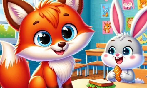 Un petit renard aux poils roux et soyeux, avec de grands yeux brillants et un sourire timide, est assis à une table dans une salle de classe lumineuse. Il tient un sandwich et regarde autour de lui avec curiosité. À côté de lui, un petit lapin aux oreilles longues et blanches, joyeux et amical, partage un dessert coloré. La salle est décorée de dessins colorés, avec des fenêtres laissant entrer la lumière du soleil et des pupitres en bois bien rangés. Renaud et Léo discutent joyeusement de leurs goûters, entourés d'autres animaux qui jouent et rient, créant une atmosphère chaleureuse.