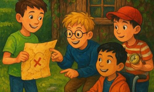 Quatre garçons : Léo (10 ans, cheveux bruns courts, t-shirt vert clair, jean) debout à gauche tenant une vieille carte jaunie ouverte vers le centre ; Tom (11 ans, cheveux blonds en bataille, lunettes rondes, pull bleu) accroupi au centre devant la cabane, pointant un X sur la carte ; Hugo (10 ans, cheveux châtain, casquette rouge, t-shirt rayé) à droite, regard curieux, tenant une boussole brillante de la main gauche ; Max (10 ans, cheveux noirs, veste orange) assis en fauteuil roulant manuel au premier plan légèrement à droite, poussant doucement et souriant avec confiance. Lieu : vieille cabane en bois couverte de lierre et de mousse, fenêtres à petits carreaux éclairées, entourée d’un labyrinthe de haies, herbe printanière parsemée de fleurs jaunes et pierres moussues. Situation : les quatre amis découvrent une carte au trésor devant la cabane abandonnée, ambiance d’aventure joyeuse, couleurs chaudes et textures marquées, composition centrée sur la carte ouverte et les visages excités.