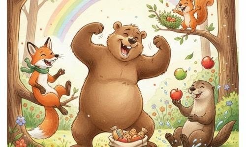 Barnabé, gros ours brun rond et doux, se tient au centre d'une clairière baignée de lumière dorée en faisant une grimace théâtrale qui déclenche un rire général; à gauche Lucien, renard roux élancé à petite écharpe verte, rit aux éclats après avoir trébuché sur une branche, à droite Margot, loutre au pelage chocolat, jongle maladroitement avec trois pommes près d'un ruisseau tandis que des éclaboussures dansent autour d'elle, et derrière Barnabé Édouard, petit écureuil roux, perché sur une branche basse, exécute une danse gauche qui a fait tomber des feuilles virevoltantes; herbe parsemée de fleurs, arc‑en‑ciel doux et arbres aux troncs texturés entourent la scène, un sac à goûter en toile à motifs au pied de Barnabé laisse dépasser biscuits et fruits — situation : concours de blagues joyeux et animé, gestes exagérés et expressions nettes, rendu en aquarelle tendre aux couleurs vives et harmonieuses, contours légèrement flous et éclaboussures contrôlées pour donner mouvement et joie.