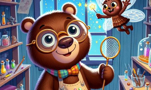 Grizzou, un ours brun aux lunettes rondes et au tablier coloré, est dans son atelier, tenant un filet scintillant. À côté, une petite fée en chocolat avec des ailes translucides vole autour de lui en agitant une baguette magique. Des étagères débordent de fioles colorées et de gadgets étranges, tandis qu'une fenêtre laisse entrer la lumière des étoiles. La scène montre Grizzou prêt pour l'aventure, entouré de créativité et d'amitié, s'apprêtant à capturer les étoiles.