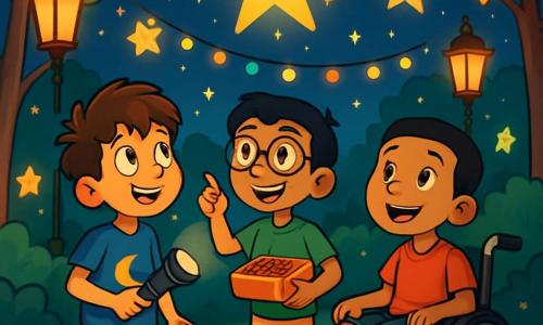 Trois personnages se trouvent dans un square magique : Rami, un garçon de 10 ans avec des cheveux bruns en bataille et un t-shirt bleu, tient une lampe de poche et regarde le ciel ; Lounès, également âgé de 10 ans, avec des cheveux noirs et des lunettes rondes, porte un t-shirt vert et sourit en montrant une étoile avec une boîte de dattes ; Yassine, le même âge, est assis dans un fauteuil roulant, vêtu d’un t-shirt rouge, et admire les étoiles. Le square est illuminé par des lampadaires scintillants et des guirlandes colorées, avec un sol couvert de pétales de fleurs et une odeur de fleur d’oranger. Les trois amis sont émerveillés par une étoile dorée qui descend du ciel, illuminant leurs visages, tandis que des enfants jouent autour d’eux, créant une ambiance festive.