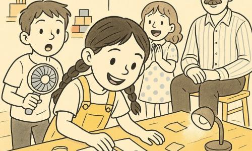 Lila, 6 ans, déterminée et joyeuse, cheveux en deux nattes, salopette jaune, penchée sur une petite boîte brillante avec une balle de ping‑pong à moitié dedans, qu'elle guide à l'aide d'une feuille inclinée; Tom, 7 ans, curieux, cheveux courts, debout à gauche de Lila en tenant un petit ventilateur posé sur la table; Zoé, 6 ans, enjouée, robe à pois, juste derrière Lila en applaudissant; Monsieur Papiers, animateur d'une quarantaine d'années, moustache douce, chemise à rayures, souriant et assis en arrière-plan; table de bricolage couverte d'objets (paille attachée à un ballon, catapulte cuillère et ficelle, loupe en plastique, petit miroir arrangé, lampe miniature projetant un point lumineux); décor : centre de loisirs coloré aux murs arc‑en ciel, coin peinture, étagères de blocs, sol en parquet clair, lumière chaude de fin d'après‑midi; composition claire et lisible, perspectives simples, traits nets, expressions exagérées et espace autour des personnages pour accentuer l'action.