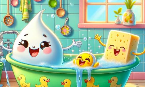 M. Gouttelette est un petit bonhomme rond et lisse avec un visage souriant et des yeux pétillants. Il se tient dans une baignoire verte ornée de motifs de canards, éclaboussant l'eau avec enthousiasme. À ses côtés, M. Savon, un cube coloré, glisse en souriant, créant des bulles. Mlle Éponge, douce et jaune, chante joyeusement en flottant. La scène se déroule dans une cuisine colorée avec des murs bleu pastel et des ustensiles brillants. M. Gouttelette et ses amis remplissent la baignoire en riant, défiant la gravité avec des éclaboussures et des bulles, créant une atmosphère festive.