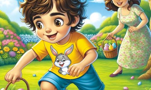 Un garçon de 6 ans, Max, avec des cheveux bruns en bataille et des yeux joyeux, cherche des œufs de Pâques dans l’herbe de son jardin. Il porte un t-shirt jaune avec un lapin et un short bleu, son visage exprime excitation et curiosité. Sa maman, une femme d’environ 30 ans avec des cheveux châtains en chignon, sourit en l’observant, vêtue d’une robe fleurie et tenant un panier d'œufs colorés. Le jardin est enchanteur, avec des fleurs colorées, un grand arbre et un ciel bleu. Max, accroupi, cherche un œuf caché, tandis que sa maman l’encourage.