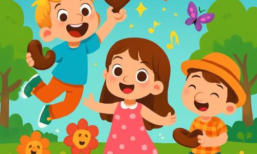 Il y a trois personnages : Lila, une fille de 7 ans avec de longs cheveux bruns et une robe rose à pois blancs, souriant au centre ; Max, un garçon de 8 ans avec des cheveux blonds en bataille et un t-shirt bleu, sautant à gauche avec une chaussure en chocolat ; et Tom, un garçon de 7 ans avec des cheveux châtains et un chapeau rigolo, dansant à droite avec une chaussure en chocolat. L'action se déroule dans un jardin ensoleillé rempli de fleurs colorées chantantes, avec des arbres verts et des papillons multicolores. Max saute dans le ciel tandis que Lila et Tom dansent autour de lui, créant une ambiance magique et joyeuse.
