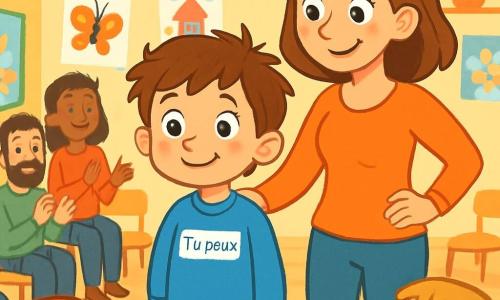 Léo, un garçon de 6 ans aux cheveux bruns en bataille et aux yeux curieux, se tient au centre d'une scène lumineuse. Il porte un pull bleu avec l'inscription 