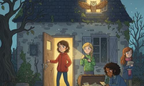 Quatre filles explorent la Maison du Hibou au crépuscule : Lila (10 ans, cheveux bruns courts, veste rouge) tient la poignée de la porte en bois au centre-gauche, expression déterminée ; Zoé (9 ans, blonde en tresse, pull vert à pois) à droite de Lila, pointe une lampe de poche vers le grenier, yeux curieux ; Maïa (9 ans, cheveux noirs bouclés, manteau bleu) accroupie près d'un coffre ancien ouvert, feuilletant des lettres jaunies, visage songeur ; Inès (8 ans, cheveux châtains longs, écharpe rose) juste derrière Maïa, serre un journal contre sa poitrine, air timide mais rassuré. La grande maison en pierre couverte de lierre, volets cassés et toit en tuiles sombres, se tient au bout d'un chemin boueux avec un jardin sauvage et un vieux chêne à gauche ; une lucarne ouverte laisse échapper un halo doré : un hibou perché sur une poutre du grenier, ailes légèrement déployées, éclaire la scène, créant un mélange de mystère et de chaleur avec forts contrastes entre ombres bleutées et lumière dorée, poussière flottante, toiles d'araignée et bois craquant, composition centrée sur la porte ouverte, le coffre et l'hibou lumineux en hauteur.