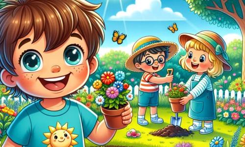 Au premier plan, Léo, un garçon de 6 ans aux cheveux bruns en bataille et aux yeux curieux, sourit en tenant un pot de fleurs colorées. Il porte un t-shirt bleu avec un dessin de soleil et un short vert, accroupi dans le jardin pour planter une fleur. À ses côtés, Tom, également âgé de 6 ans, a des cheveux blonds et des lunettes rondes, et creuse un trou avec une petite pelle, souriant d'excitation. Ils sont entourés de leurs mamans, qui les encouragent. Le jardin est ensoleillé, rempli de fleurs, de verdure et d'arbres, avec un ciel bleu et des papillons. Léo et Tom, concentrés et heureux, plantent des fleurs pour aider la nature, symbolisant leur engagement à protéger l'environnement.