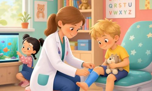Docteure souriante aux cheveux châtain clair attachés, en blouse blanche, ajuste un plâtre bleu sur la jambe d’un garçon d’environ 6 ans assis sur une chaise médicale, cheveux blonds, expression soulagée, tenant une peluche ; une fillette de 4 ans aux couettes et pansement au front joue près d’un aquarium à l’arrière‑plan ; salle lumineuse aux murs mint et corail avec dessins d’animaux, étagère colorée, poster d’alphabet et fenêtre laissant entrer une lumière douce, ambiance chaleureuse et rassurante.