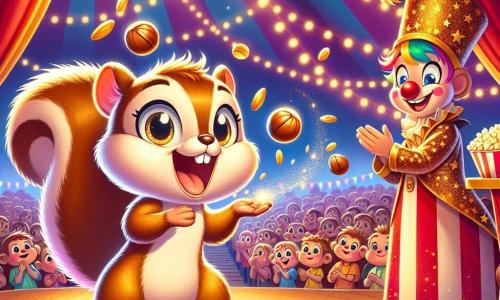 Un petit écureuil nommé Filou, aux yeux pétillants et à la fourrure brune, se tient sur une scène de cirque, souriant joyeusement. Il jongle avec des noisettes, tandis que des confettis dorés tombent autour de lui. À ses côtés, un clown aux cheveux multicolores applaudit en tenant du pop-corn. Un magicien en cape étoilée observe avec émerveillement. Le chapiteau rayé de rouge et de blanc est rempli de spectateurs enthousiastes, captivés par la performance de Filou.