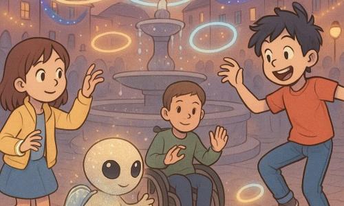 Quatre personnages : Lina, environ 10 ans, cheveux bruns mi-longs, veste jaune claire et jupe bleue, regarde l'extraterrestre avec curiosité et fait un geste de danse à gauche ; Nino, environ 11 ans, cheveux noirs en broussaille, tee-shirt rouge et jean, souriant et énergique, fait un grand pas à droite ; Yanis, environ 11 ans, en fauteuil roulant manuel, cheveux courts et pull vert, calme au centre, mains levées formant un cercle ; et un petit extraterrestre rond et scintillant, peau pailletée, grands yeux noirs et sac transparent rempli de poussière brillante, posé près d'une fontaine et tendant la main comme pour inviter à danser. Lieu : place pavée au crépuscule, fontaine de pierre au centre, immeubles ornés de rubans lumineux (bleu, violet, or) et lampadaires projetant des halos, foule en retrait, ambiance chaleureuse et légèrement magique. Situation : les enfants dansent avec l'extraterrestre sous des anneaux de lumière tournants, bracelets lumineux et poussière brillante forment des mots et des symboles flottants ; plan moyen, couleurs pastel saturées, traits doux de bande dessinée, expressions émerveillées et mouvement fluide.