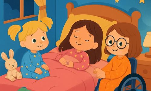 Trois personnages sont présents : Mia, une petite fille de 4 ans aux longs cheveux bruns, en pyjama rose à pois, allongée sur son lit avec un sourire paisible ; Zoé, une autre petite fille de 4 ans avec des cheveux blonds en couettes, en pyjama bleu étoilé, assise au bord du lit et regardant Mia avec tendresse ; et Lina, une petite fille en fauteuil roulant, avec des cheveux châtains et des lunettes rondes, tenant la main de Mia avec un regard doux. La chambre est douillette, avec des murs bleu clair, des étoiles dorées au plafond, un grand lit aux draps roses entouré de peluches, une lampe diffusant une lumière douce et des coussins moelleux. Les trois amies sont blotties sous une couverture rose, respirant calmement, partageant des pensées joyeuses et créant une atmosphère de sérénité.