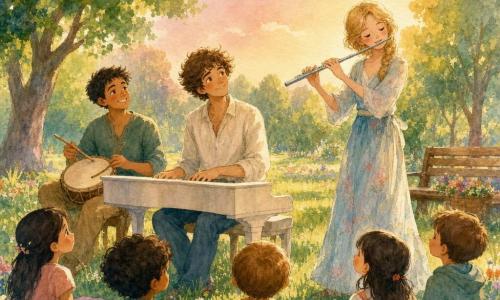 Jules, un jeune homme d'environ 20 ans aux cheveux bruns bouclés et au sourire doux, est assis au petit piano blanc, les doigts sur les touches, l'air rêveur ; à sa droite, Lila, jeune femme à la peau claire et tresse blonde, souffle doucement dans une flûte argentée ; légèrement en arrière à gauche, Manu, jeune homme bronzé aux cheveux courts, frappe un petit tambour rond avec des baguettes ; ils jouent en cercle dans un parc en fin d'après-midi — pelouse fleurie, quelques arbres à l'aquarelle, un banc et des enfants assis sur une couverture — le ciel pastel diffuse une grande lumière douce, ambiance joyeuse, paisible et aquarelle lumineuse.