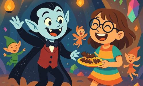 Un vampire joyeux, avec une cape noire scintillante et des yeux pétillants, danse lors d'une fête. Il a des dents pointues et un sourire éclatant. À côté de lui, Laura, une fille de 10 ans avec des cheveux bruns et des lunettes, rit, portant une robe colorée et des chaussettes rayées, tenant une assiette de gâteaux en forme de chauve-souris. La scène se déroule dans une grotte magique, illuminée par des lanternes flottantes, avec des murs scintillants de cristaux. Des créatures fantastiques dansent autour d'eux, créant une ambiance festive. Le vampire et Laura s'amusent ensemble, célébrant leur amitié dans un univers enchanteur.