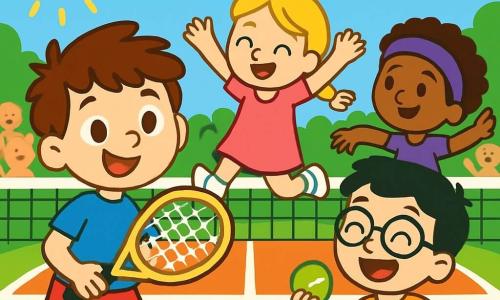 Timéo, un garçon de 4 ans avec des cheveux bruns en bataille et un grand sourire, tient une raquette de tennis jaune. À ses côtés, Zoé, également âgée de 4 ans avec des cheveux blonds tressés, saute de joie en robe rose. Louis, un autre garçon de 4 ans avec des lunettes et des cheveux noirs, rit en tenant une balle de tennis verte, tandis que Jade, avec des cheveux frisés et un bandeau violet, s'étire. La scène se déroule sur un court de tennis ensoleillé, entouré de verdure, avec des spectateurs applaudissant. Timéo, nerveux mais déterminé, se prépare à frapper la balle qui arrive.