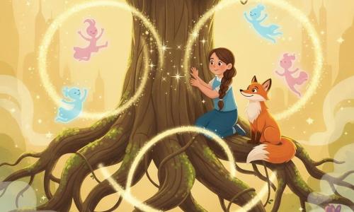 Lucia, jeune femme au visage rond et souriant et tresse brune, pose les mains sur le tronc d’un énorme arbre d’où jaillissent des étincelles dorées ; à sa droite, Flamme le renard orange est assis sur une racine, attentif et fier. Autour de l’arbre flottent en cercle de petits esprits lumineux bleu pâle et rose. La vallée secrète est baignée d’une lumière dorée, avec un arbre gigantesque aux racines entrelacées plongeant dans deux mondes, mousses vert émeraude, fleurs mauves et brume légère ; des lianes brillantes et un pont de lumière commencent à se former entre les racines, créant une ambiance chaleureuse au style vectoriel simple et enfantin.
