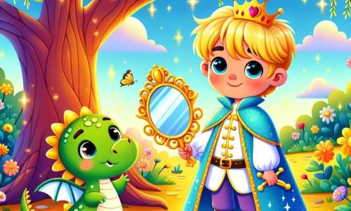 Un prince souriant, portant un manteau bleu éclatant, se tient sous un arbre doré. Ses yeux brillent de curiosité et de joie, et il tient une petite épée scintillante en regardant un ancien miroir à ses pieds. À ses côtés, un petit dragon vert, aux écailles brillantes, semble heureux et enthousiaste, prêt à l'aider. La scène se déroule dans une clairière enchantée, entourée de fleurs colorées et de papillons. Le prince et le dragon découvrent ensemble le trésor de l’amitié, riant et s’émerveillant devant la magie de leur rencontre.