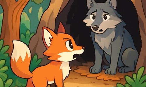 Un renard aux yeux pétillants et à la fourrure flamboyante se tient devant l'entrée d'une grotte sombre, affichant curiosité et détermination. Sa queue touffue est dressée, et ses oreilles sont attentives. À l'intérieur, un grand loup à la fourrure grise observe le renard avec surprise et tristesse, assis sur un lit de feuilles sèches. La scène se déroule dans une forêt dense, où des arbres noueux filtrent la lumière du soleil, entourés de fougères et de fleurs colorées, créant une ambiance magique. Le renard pose une question audacieuse au loup, qui semble réfléchir, instaurant une tension palpable.