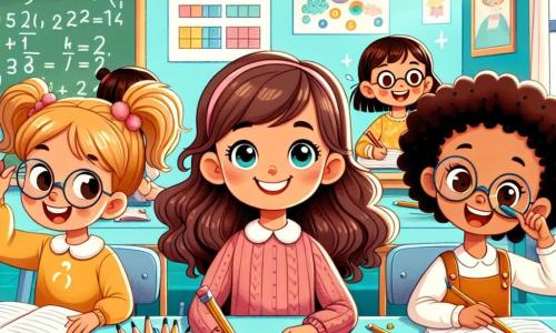 Trois filles de huit ans se tiennent dans une salle de classe colorée. Clara, avec des cheveux bouclés et un grand sourire, est assise à une table entourée de crayons et de livres. À sa droite, Mia, avec des cheveux raides, fait une grimace amusante en tenant un crayon. À gauche, Léa, en fauteuil roulant, sourit avec un livre ouvert sur ses genoux. La salle est lumineuse, avec des murs bleu clair et des affiches sur les mathématiques et la lecture. Un tableau noir est rempli de dessins et d'équations, et la lumière du soleil illumine les visages des enfants. Elles travaillent ensemble sur des exercices de mathématiques, Clara étant un peu nerveuse mais soutenue par ses amies. L'atmosphère est joyeuse, remplie de rires et de camaraderie.