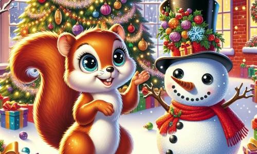 Un écureuil nommé Noisette, avec une fourrure brune et de grands yeux curieux, se tient devant un sapin de Noël décoré de guirlandes et de boules colorées. Il sourit, prêt à bondir de joie. À ses côtés, un bonhomme de neige nommé Frimousse, portant un chapeau haut de forme noir et une écharpe rouge, le regarde avec bienveillance, les bras ouverts. L'orphelinat est chaleureux, avec des murs de briques rouges et des fenêtres illuminées. La neige recouvre le sol et des flocons tombent du ciel. Noisette et Frimousse placent des petits cadeaux dans des chaussettes suspendues près du sapin, créant une atmosphère magique et joyeuse pour les enfants endormis.