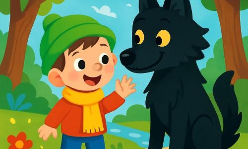 Léon, un petit garçon de 6 ans portant un chapeau vert vif, une écharpe jaune et des bottes rouges, se tient au centre de la scène avec un grand sourire, saluant un grand loup. Ce dernier, avec sa fourrure noire et ses yeux jaunes, semble surpris mais curieux. La scène se déroule dans une forêt enchantée, où les arbres majestueux et les fleurs colorées créent une atmosphère magique. Léon, courageux, s'approche du loup, qui commence à sourire timidement, symbolisant le début d'une belle amitié.