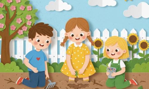 Trois enfants dans un jardin de maison au printemps : Léa, 7 ans, cheveux châtain clair en couettes, robe jaune à pois blancs, penchée et souriante, plante une graine au centre ; Tom, 8 ans, cheveux bruns courts, t-shirt bleu avec un petit cœur rouge, tient un râteau à gauche et creuse un trou en forme de cœur, regard enthousiaste ; Emma, 4 ans, cheveux blonds courts, salopette verte, à droite, agenouillée, tient un seau de petits cailloux colorés, yeux émerveillés. Le jardin a un sol brun doux avec rangées de petites mottes, une clôture blanche, un pommier à fleurs roses à gauche, quelques tournesols à l’arrière-plan, ciel bleu clair avec nuages ronds et un soleil souriant en haut à droite ; graphisme net avec feuilles découpées, textures papier collées, petites brindilles et cailloux colorés au sol, couleurs vives, ombres douces et bords découpés visibles, composition centrée et chaleureuse. Résumé : trois enfants plantent des graines dans un jardin printanier coloré et joyeux, style collage aux formes nettes.
