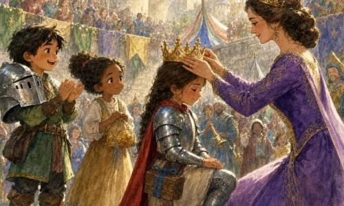 Une fillette d'environ 8 ans, chevaleresse courageuse au léger rouge aux joues, en petite armure brillante et cape rouge, s'agenouille tandis qu'une reine bienveillante en robe pourpre brodée d'or lui pose une couronne dorée ; à gauche, Marin, garçon de 9 ans espiègle au casque trop grand, applaudit, Lila, fille douce d'environ 8 ans en robe simple, tient un sachet de bonbons et regarde avec admiration ; le couronnement a lieu sur le terrain du tournoi devant un château aux tours claires, gradins remplis de spectateurs, bannières vertes, jaunes et bleues, musiciens et tentes en arrière-plan, baigné d'une lumière dorée matinale avec textures d'aquarelle, métal poli et tissus froissés.