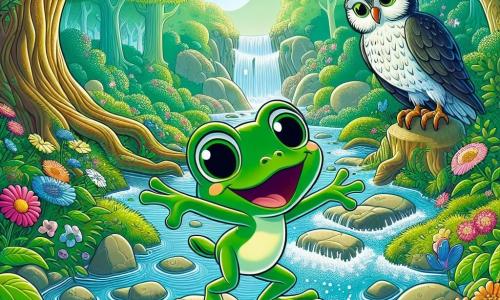 Fripouille, une petite grenouille joyeuse à la peau verte éclatante et aux yeux pétillants, se tient sur une pierre au bord d'un ruisseau. Elle affiche une expression d'excitation, prête à sauter pour traverser. À proximité, Sagesse, un hibou âgé aux plumes argentées, l'observe avec bienveillance. Le ruisseau est entouré de fleurs colorées et de grands arbres, créant une atmosphère enchantée. Fripouille, pleine de courage, saute de pierre en pierre, tandis que l'eau murmure des secrets.