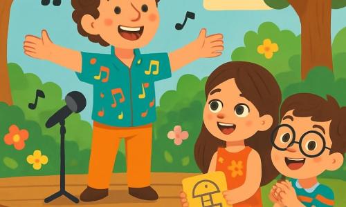 Monsieur Léo est un homme souriant avec des cheveux bouclés et une chemise colorée ornée de notes de musique. Il est sur une scène en bois, les bras ouverts, exprimant sa joie de chanter devant un public. Zoé, une petite fille de 8 ans avec des cheveux longs et bruns, porte une robe à fleurs et regarde Monsieur Léo avec émerveillement, tenant une marelle. À côté d'elle, Max, un garçon de 7 ans avec des lunettes rondes et un t-shirt rayé, applaudit avec enthousiasme. La scène se déroule dans un parc verdoyant, entouré d'arbres et de fleurs, avec des enfants assis sur l'herbe, impatients d'écouter la musique.