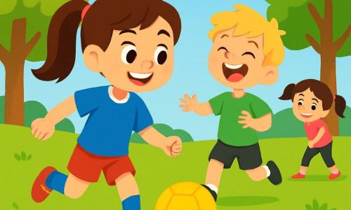 Léa, une petite fille de 8 ans avec de longs cheveux bruns en queue de cheval, porte un maillot de football bleu et un short rouge. Elle sourit en s'apprêtant à donner un coup de pied dans un ballon de football jaune. À côté d'elle, Max, un garçon de 7 ans aux cheveux blonds en bataille, rit en essayant de rattraper le ballon. Clara, une fille de 6 ans avec des couettes brunes, fait des étirements, vêtue d'un t-shirt rose et de leggings noirs. La scène se déroule dans un parc ensoleillé avec une pelouse verdoyante, des fleurs colorées et des arbres en arrière-plan. Léa et ses amis sont prêts à jouer au football, créant une atmosphère joyeuse.