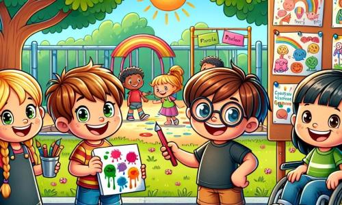 Dans une cour d'école ensoleillée, quatre enfants se tiennent ensemble. Lucas, 8 ans, sourit avec une bande dessinée. Emma, 7 ans, rit en montrant une affiche positive. Thomas, 8 ans, pointe un panneau de soutien. Lila, 9 ans en fauteuil roulant, sourit avec un carnet et un crayon. La cour est entourée d'arbres et décorée de dessins. Les amis discutent de leur projet sur le harcèlement, encourageant la bienveillance et l'entraide, illustrant l'importance de l'amitié et du respect.