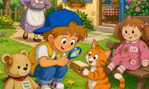 Tom, 4 ans, visage rond, cheveux châtain clair en bataille, casquette bleue trop grande, loupe en plastique dans la main droite et gilet jaune, s'accroupit sur la pelouse et pointe la loupe vers une tartine tenue entre les pattes de Gribouille, chat tigré orange et blanc; Mamie, ~65 ans, cheveux gris en chignon, lunettes rondes et robe à fleurs, rit doucement en s'approchant depuis l'allée du jardin; Lili la poupée de chiffon en robe rose tachée est assise sur le banc et regarde la scène, le doudou Petit Paul gît sur l'herbe avec des traces de confiture; jardin baigné d'une douce lumière d'après-midi, pelouse verte parsemée de fleurs jaunes, petite maison et porte ouverte sur la cuisine en arrière-plan, ambiance joyeuse et chaleureuse montrant entraide et proximité.